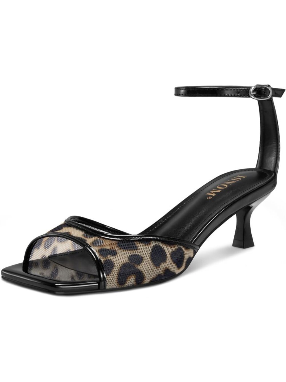 Womens Leopard Mesh Kitten Heels Square Toe Ankle Strap Low Heels Sandals